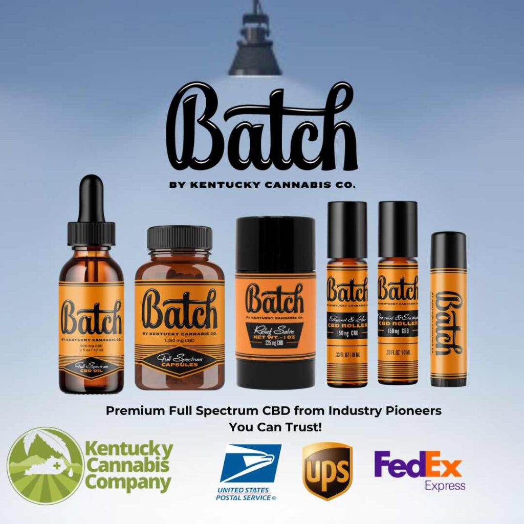 Batch CBD Oil products displayed under a spotlight, featuring Kentucky Cannabis Company’s logo alongside USPS, UPS, and FedEx logos, illustrating fast shipping options.