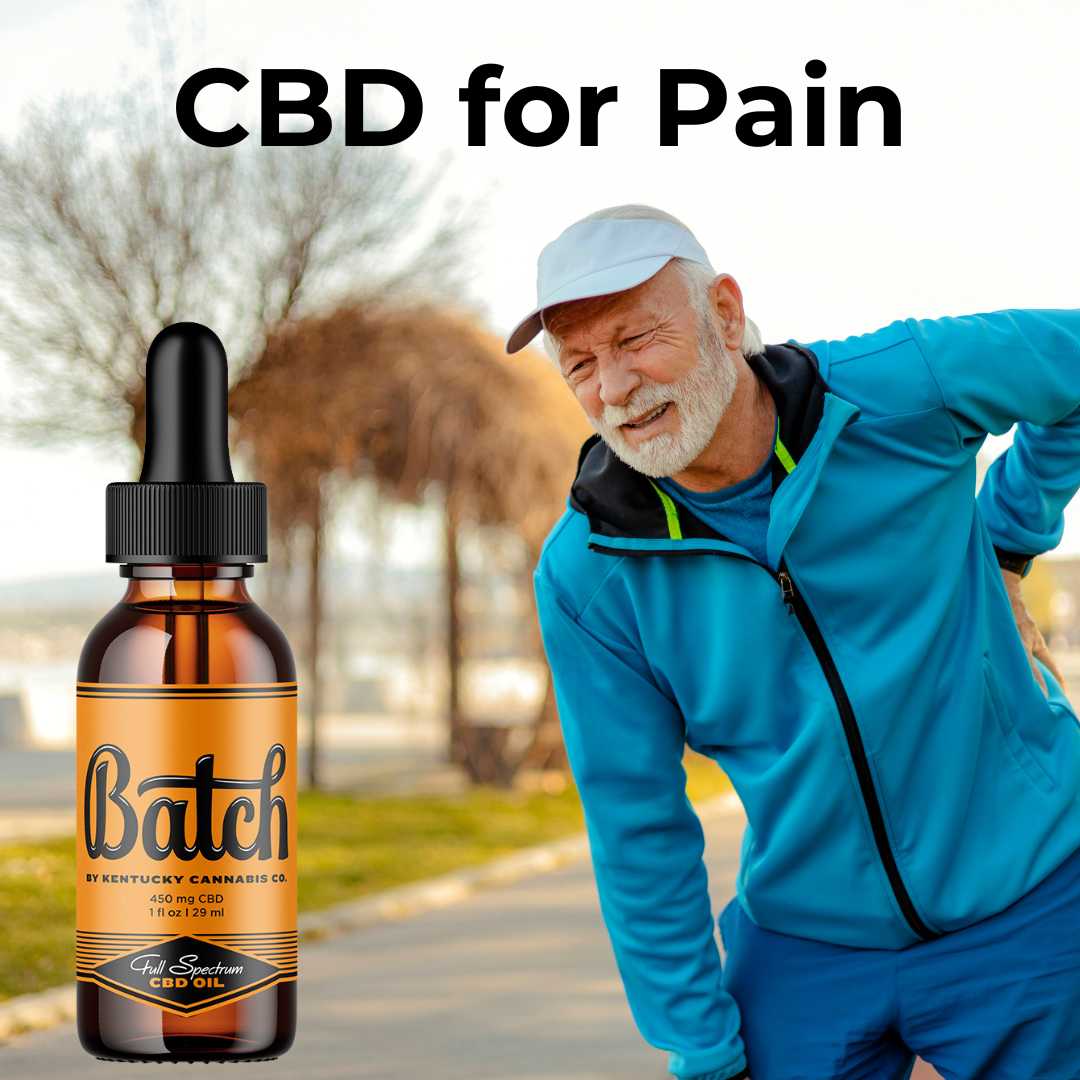 older-man-pain-batch-cbd-oil An older man experiencing pain while holding a bottle of Batch CBD Oil from The Kentucky Cannabis Company<br />